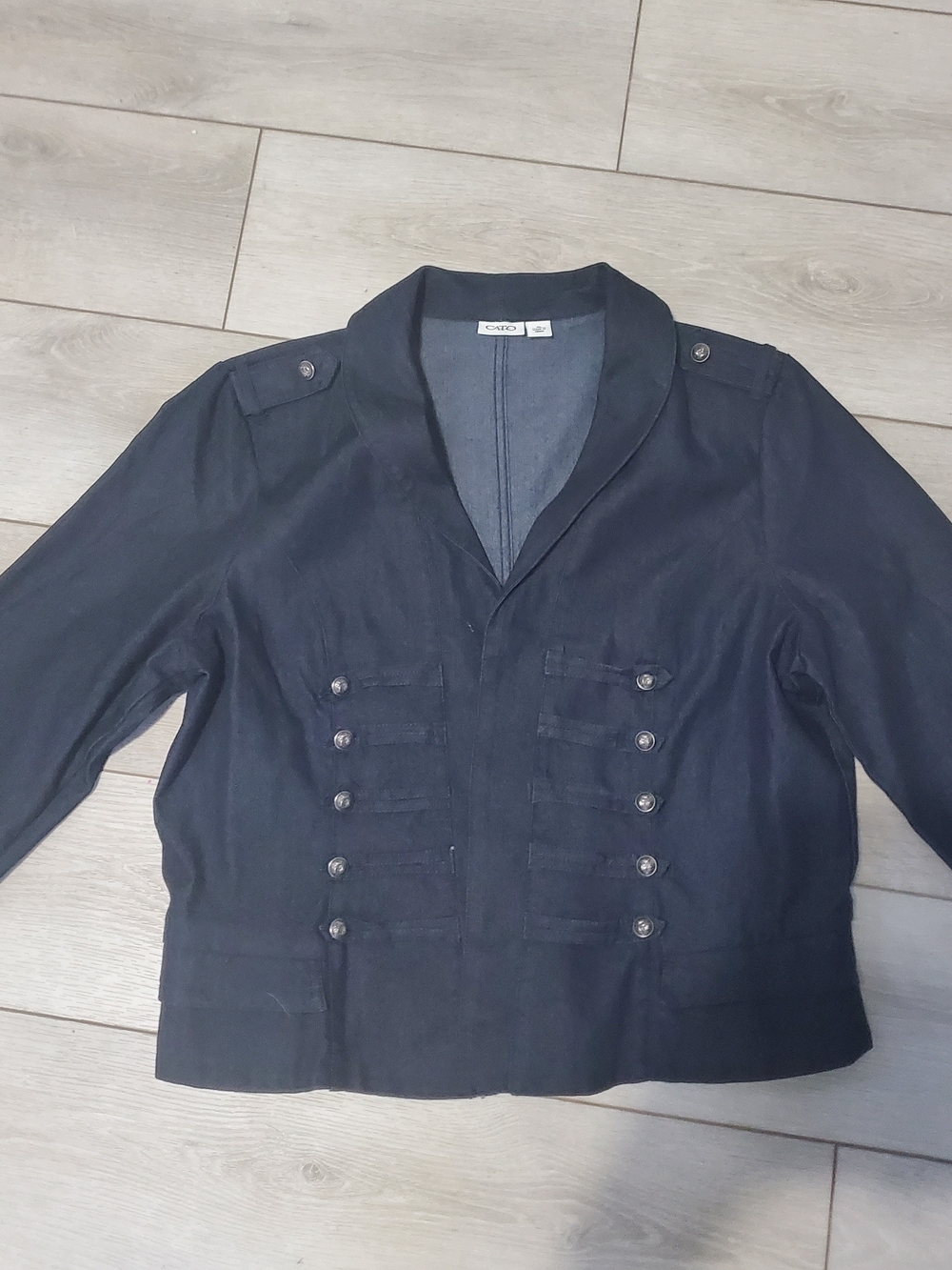 Navy Blue Denim Military Jacket Blazer Button Accent Epaulets XL Band Jacket